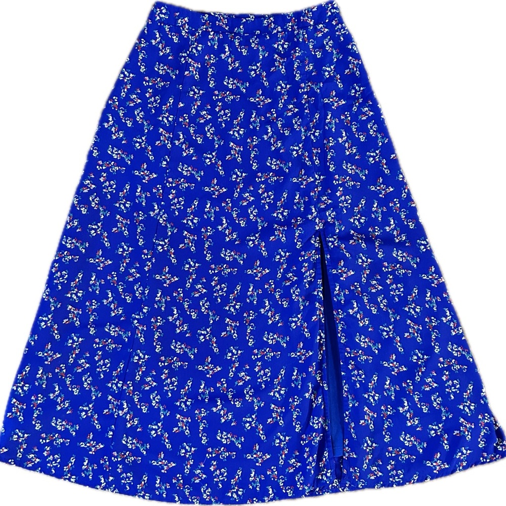 Lulu’s Blue Floral Midi Skirt Size Small Side Slit